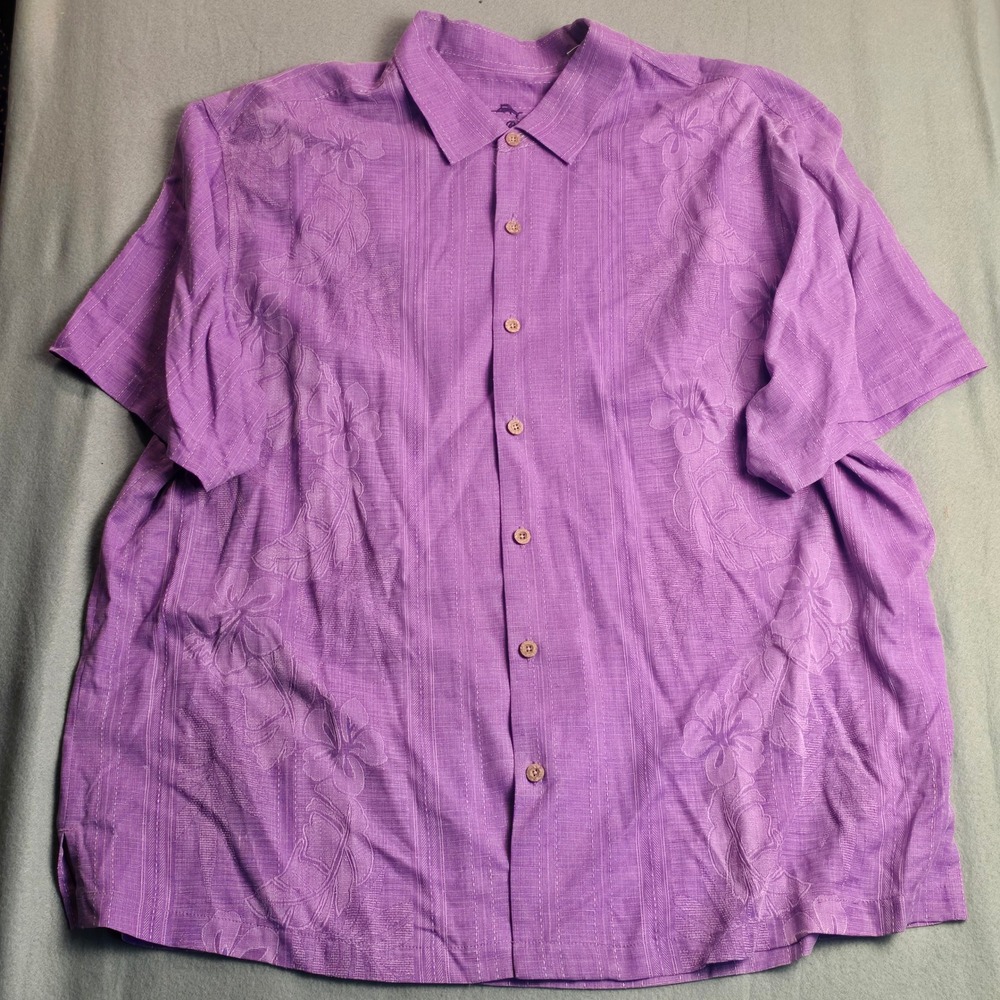 Tommy Bahama Mens 2XLB Purple‎ 100% Silk Jacquard Tropical Floral Camp Shirt